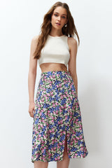 Tile Slit Detailed Floral Pattern Viscose Fabric Midi Woven Skirt Twoss20et0230