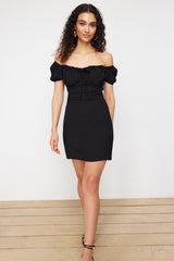 Black Plain Bodycone Crepe Mini Woven Dress Twoss24el00874