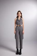 High Waist Striped Cargo Pocket Rent Pants Grey Hlfw24-00025