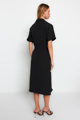 Black Belted Midi Linen Look Woven Shirt Dress Twoss23el02400