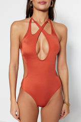 Khaki Halter Collar Cut Out/windowed Regular Leg Swimsuit Tbess23ma00042