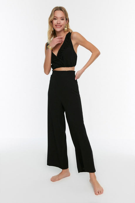 Black Woven Ruffle Blouse Pants Suit Tbess22au0043