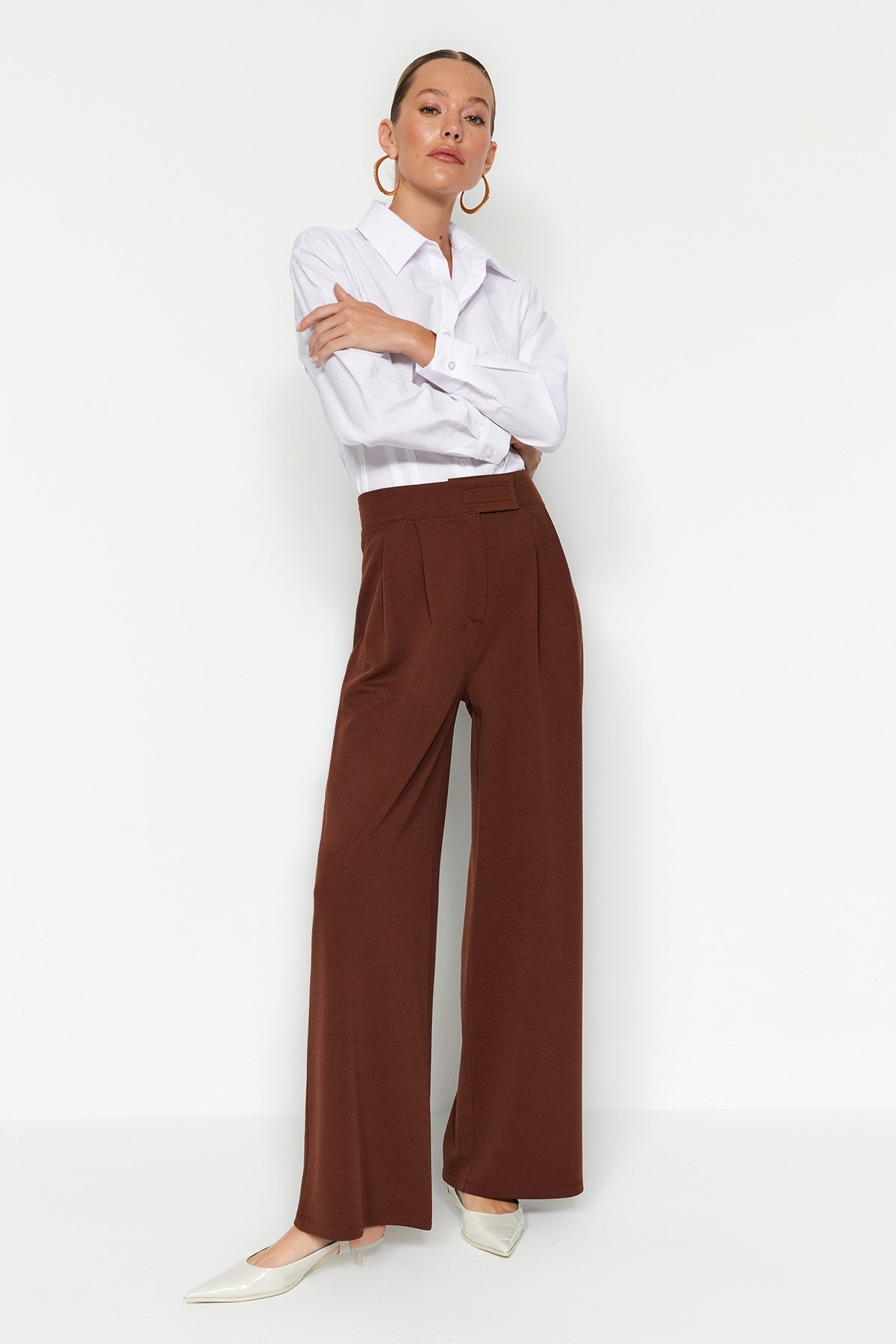 Brown Belt Velcro High Waist Pleated Wide Leg Knit Pants Twoaw24pl00177