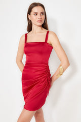 Burgundy Ruffle Satin Elegant Evening Dress Tprss21el2287