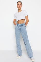 Blue Waist Detailed High Waist Wide Leg Jeans Twoss21je0385