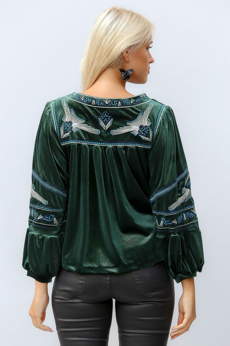 Emerald Green Crew Neck Long Sleeve Embroidered Velvet Standard Casual Knitted Blouse M10010200bl934