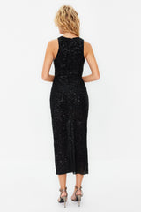 Black Body Sitting Knitted Glitter Sequin Elegant Evening Dress Tprss24el00030