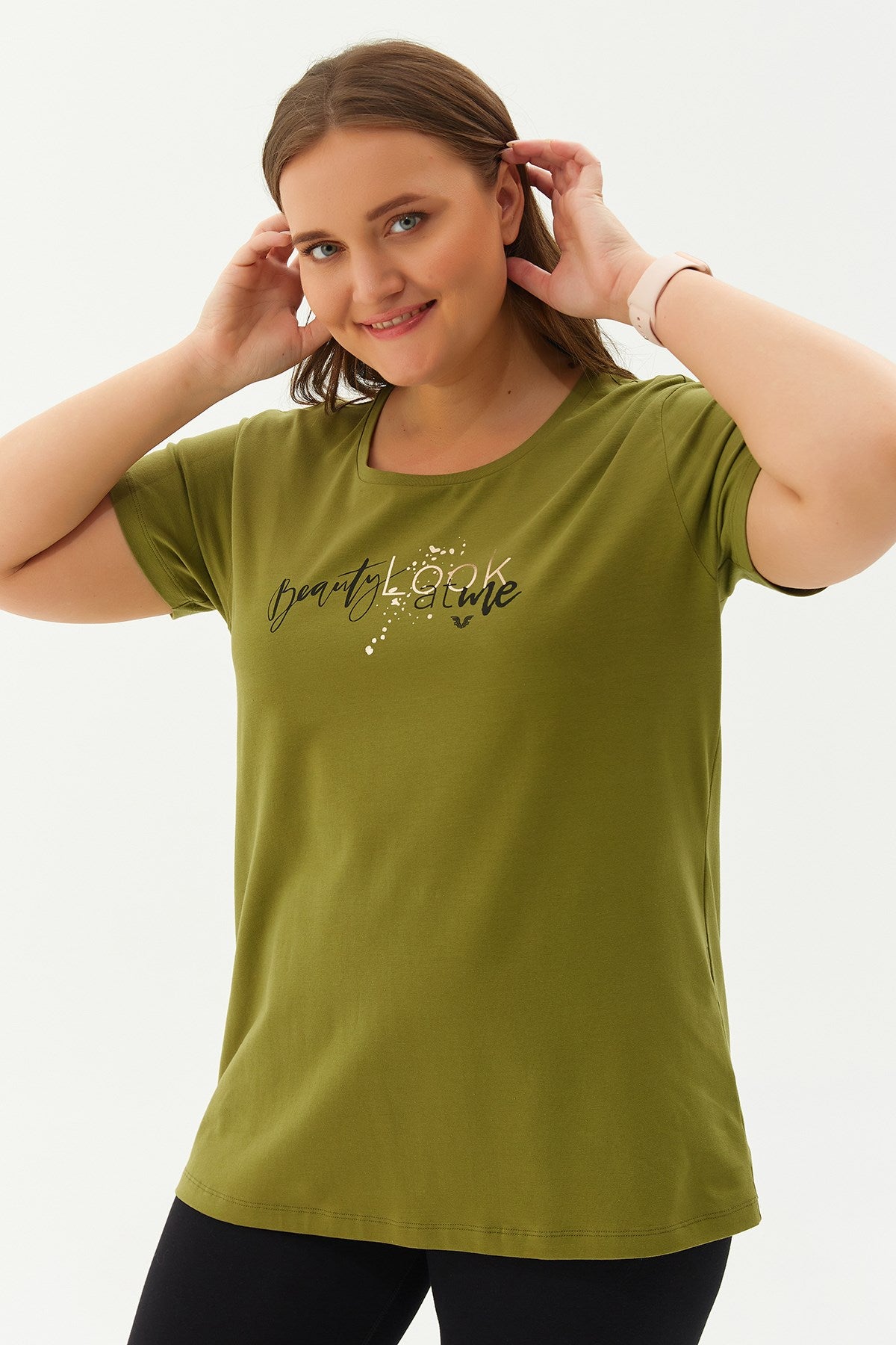 Women's Green Plus Size Cotton Letter Printed Short Sleeve Sport&casual T-shirt 0276 Tb22wl07s0276-1