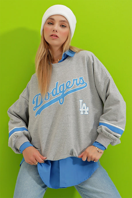 Women's Sky Blue Crew Neck Dodgers Printed Sleeve Striped Sweatshirt Alc-x8960