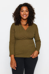 Black Double-breasted Plain Double-breasted Ruffle Knitted Plus Size Blouse Tbbaw24af00031