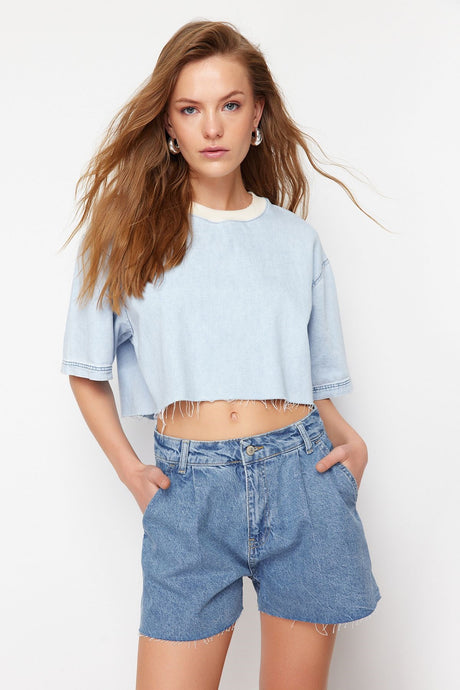 Blue Pleated High Waist Mini Denim Shorts & Bermuda Twoss24sr00090