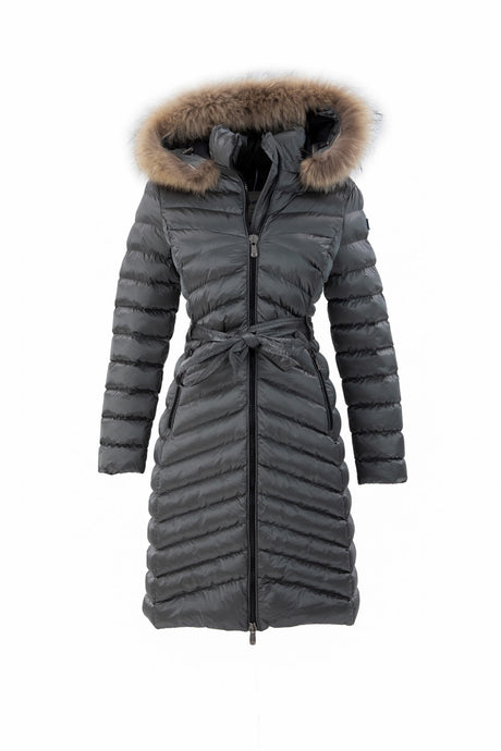 Women's Long Removable Fur Hooded Padded Waist Belt Waterproof Inflatable Coat 8529 1001m8529