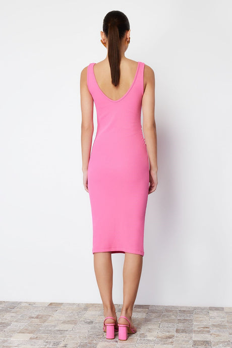 Pink Pool Neckline Back Drawstring Body Wrapping Stretch Knitted Midi Pencil Dress Twoss24el00128