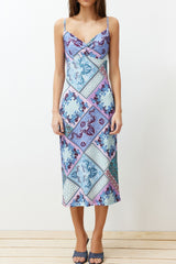 Blue Strappy Printed A Cut/bell Form Flexible Knitted Midi Pencil Dress Twoss24el00579