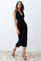 Black Body Sitting Draped Elegant Evening Dress Tprss24el00161