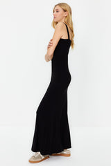 Black Thick Strappy Fitted/body Fit Flexible Knitted Maxi Pencil Dress Twoss24el00137