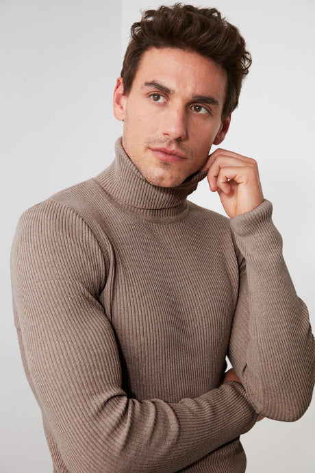 Grey Men's Slim Fit Turtleneck Ribbed Knit Basic Sweater Tmnaw20mg0031