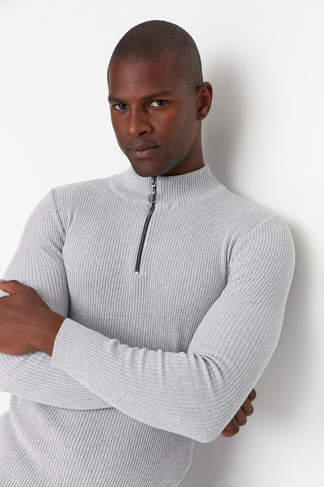 Grey Men's Slim Fit Half Turtleneck Zipper Ribbed Sweater Tmnaw20kz1034