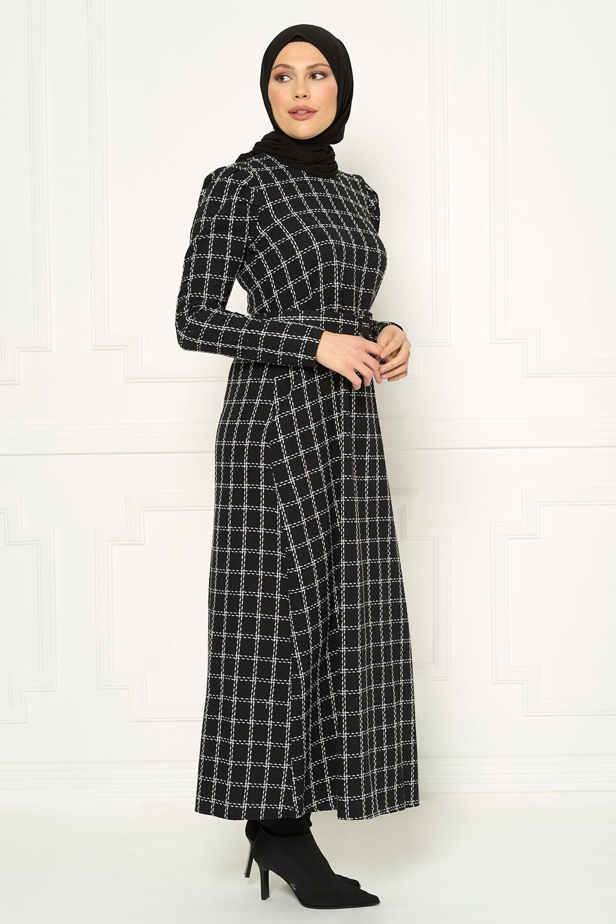 Grey Plaid Pattern Burkini White Winter Dress 5301 T22el3m5301