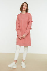 Dusty Rose Crew Neck Sleeves Ruffle Knitted Tunic Tctss21tn0088