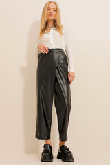 Women's Khaki Double Pocket Belt Detailed Leather Pants Alc-x11079