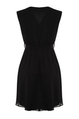 Black Belted V-neck Mini Lined Woven Dress Twoss23el02357