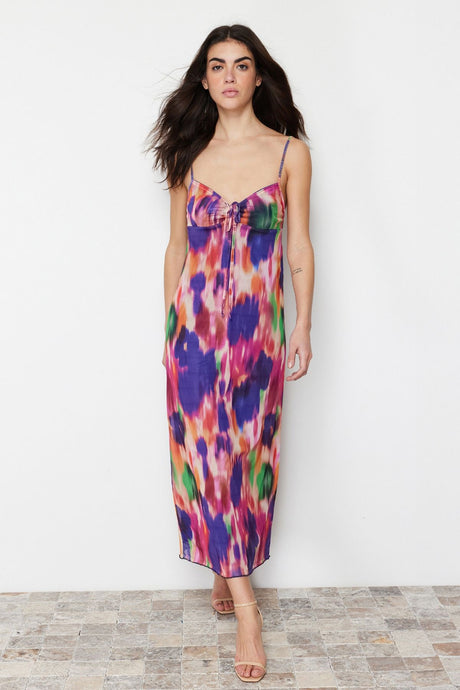 Blue Floral Printed Maxi Size Heart Neckline Twoss24el00272