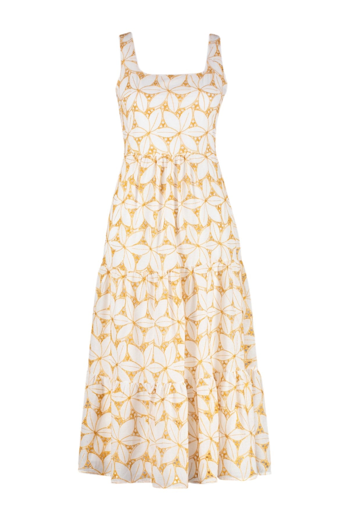 Yellow V-neck Midi Woven Floral Embroidery Dress Twoss24el00796