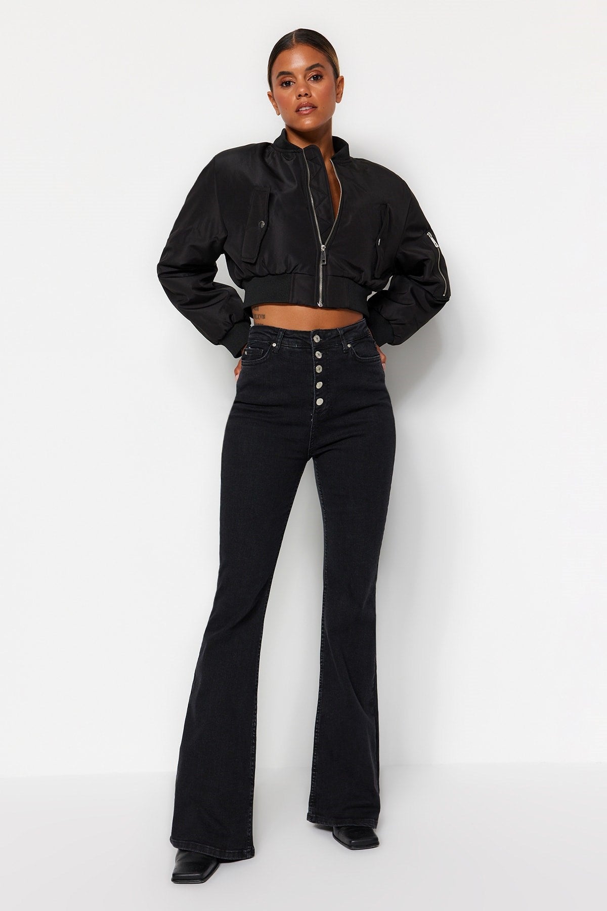 Black Front Buttoned High Waist Flare Jeans Twoss20je0111