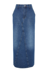 Blue Stitching Detailed High Waist Maxi Denim Skirt Twoss24et00009