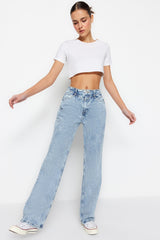 Blue Waist Detailed High Waist Wide Leg Jeans Twoss21je0385