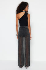 Black Loose Leg Lined Glitter Mesh Pants Tprss23pl00036