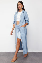 Light Blue 100% Tencel™ Oversize Denim Trench Coat Twoss24tr00030