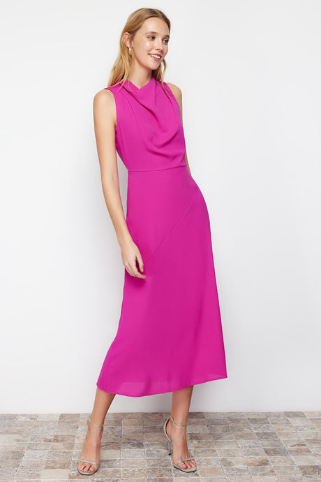 Pink Degaje Neckline Skirt Cut Detailed Midi Woven Dress Twoss24el00390