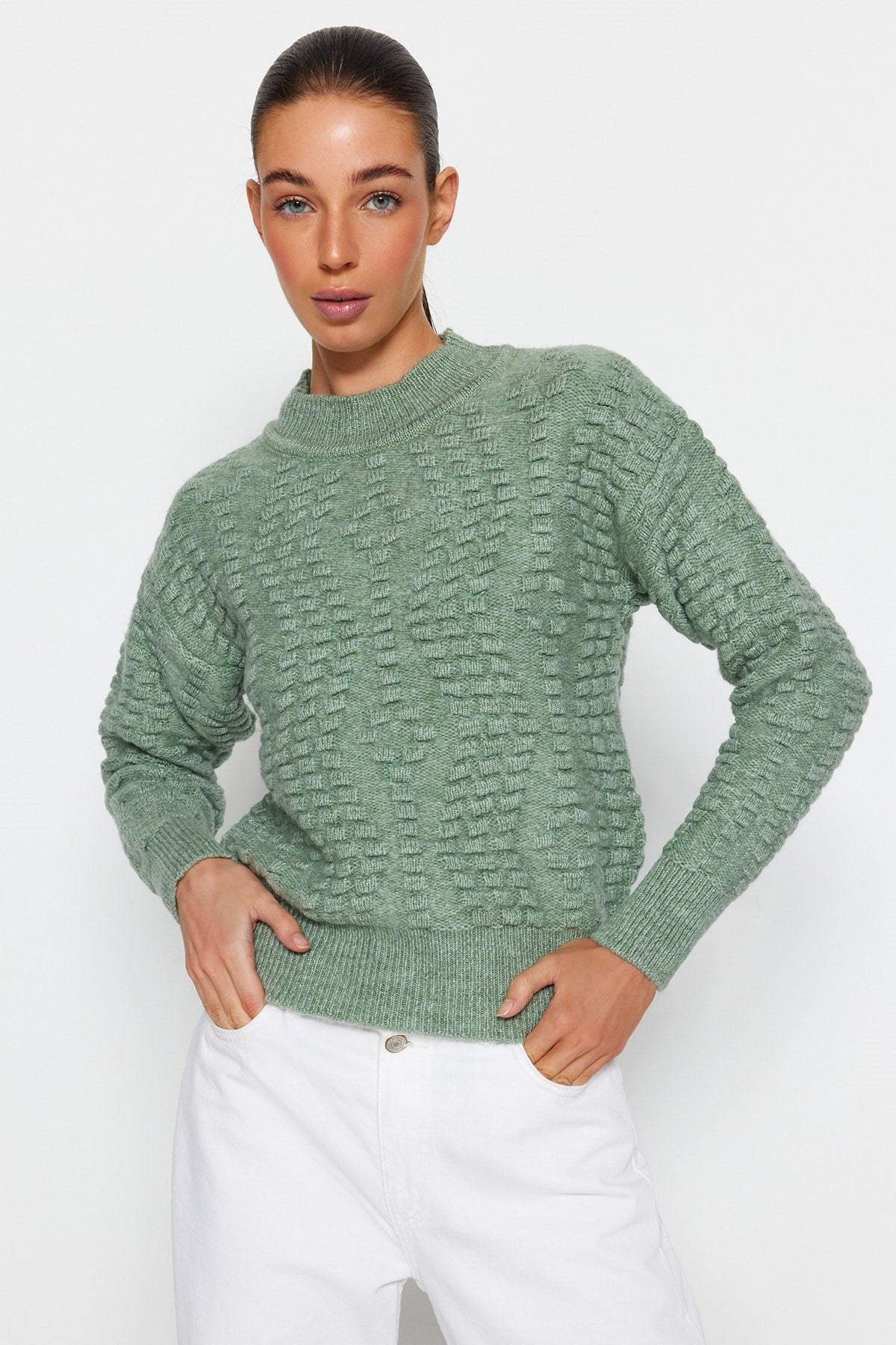 Mint Soft Textured Crew Neck Knitwear Sweater Twoaw24kz00111