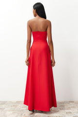 Red Buttoned Woven Long Evening Dress Tprss24ae00095