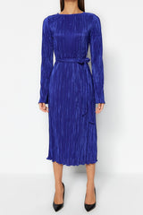 Navy Blue Premium Pleated Fabric Flare Sleeve Detailed A-line Midi Knit Dress Twoaw24el00125