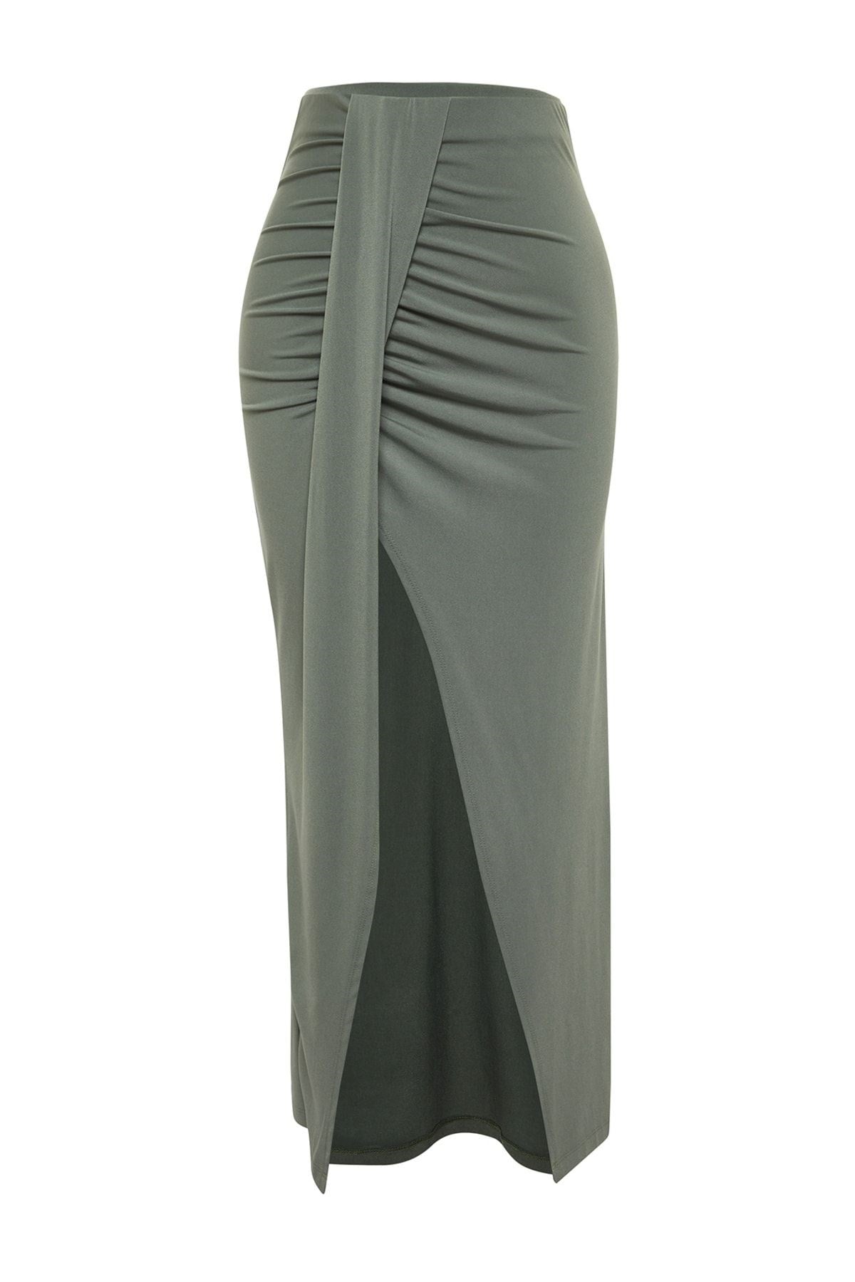 Khaki Body-fitting Maxi Woven Slit Skirt Tbess23et00021