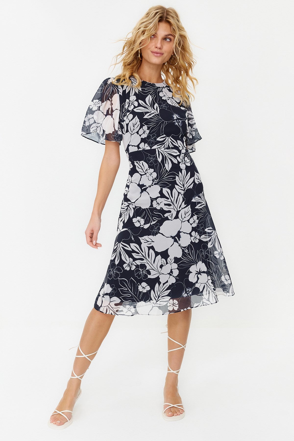 Navy Blue Floral Print A Cut Lined Midi Woven Dress Twoss20el0908