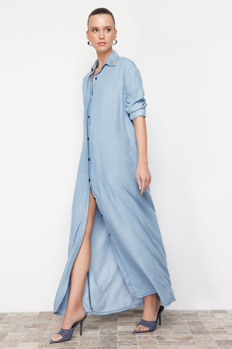 Blue 100% Tencel™ Oversize Denim Long Trench Coat Twoss24tr00029