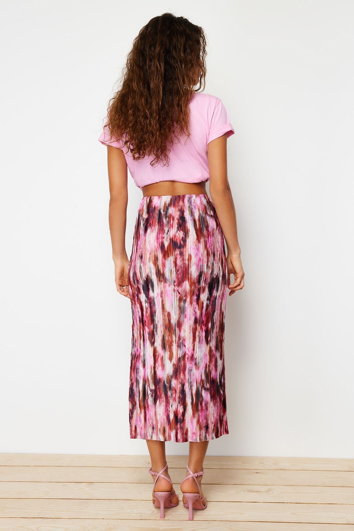 Red Printed Pleated Maxi Knitted Skirt Twoss24et00055