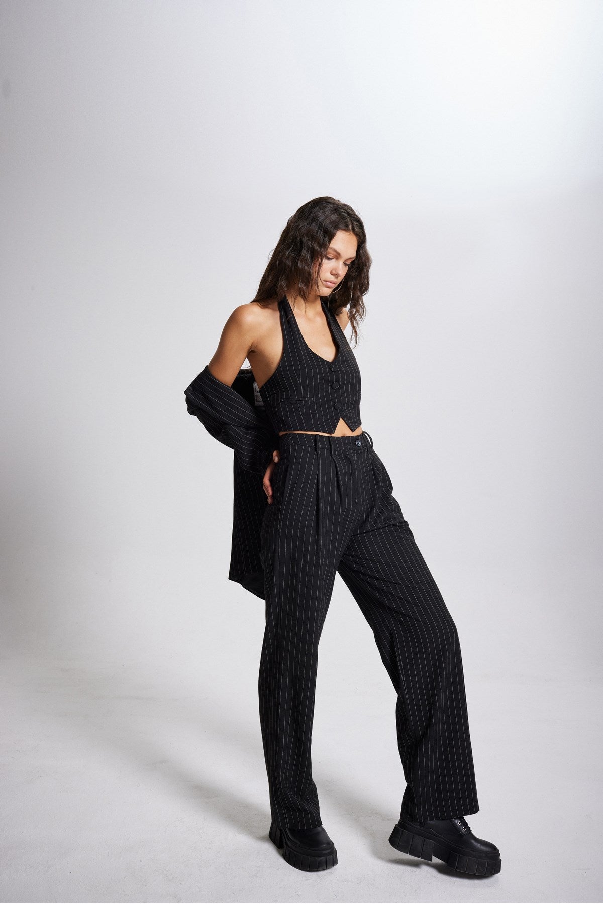 High Waist Fabric Striped Pants Black Hlstripedpants