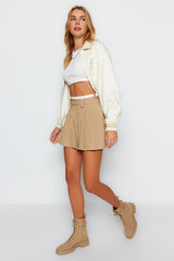 Beige Double Belt Detailed Pleated Mini Woven Skirt Twoaw24et00079