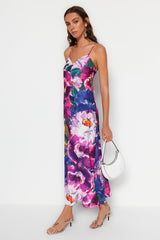 Multicolor Floral Pattern Straight Cut Strappy Midi Satin Woven Dress Twoss23el02416