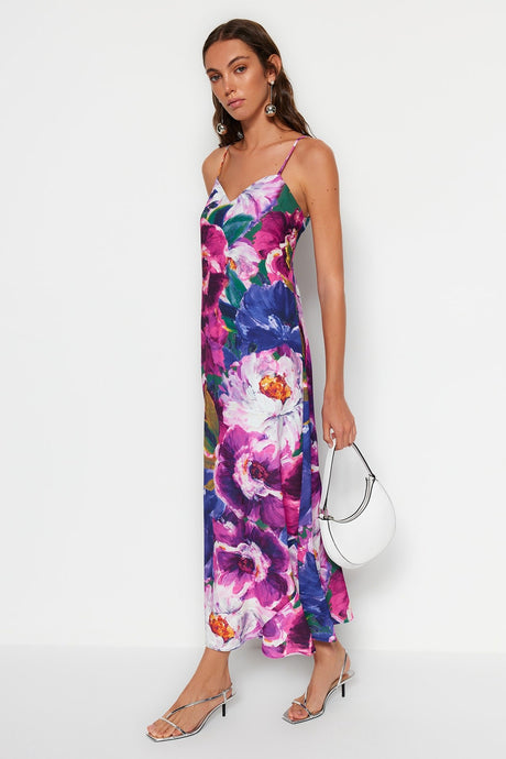 Multicolor Floral Pattern Straight Cut Strappy Midi Satin Woven Dress Twoss23el02416