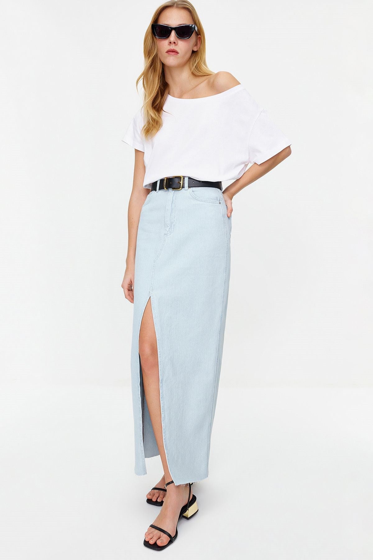 Light Blue Slit High Waist Maxi Denim Skirt Twoss24et00014