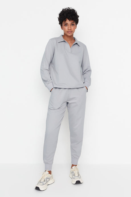 Grey Regular/regular Pattern Polo Neck Slim Knitted Tracksuit Twoaw23em00032