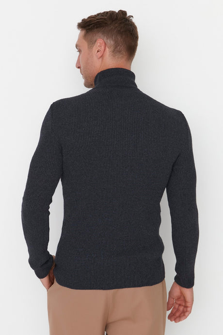 Grey Men's Slim Fit Turtleneck Ribbed Knit Basic Sweater Tmnaw20mg0031