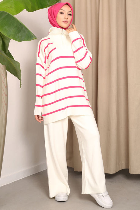 Fuchsia Collar Zipper Striped Knitwear Tunic Imj002257