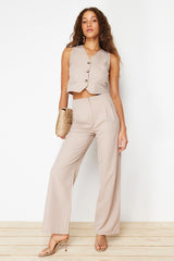 Beige Wide Leg/wide Leg Striped Woven Pants Twoss24pl00048